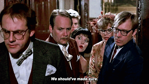 “Who’s there?”“Nobody. No body, that’s what we mean. Mr. Boddy’s body’s gone.” Clue (1985) dir. Jona