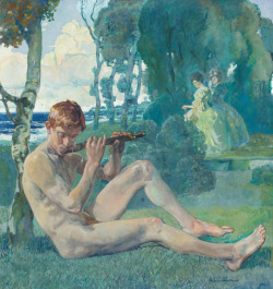 kenney-mencher:  Hans von Schrötter (1891-1965) - Youth playing a flute, oil on canvas, 96,5 x 90 cm. 1913. 