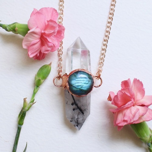 Labradorite, clear quartz &amp; tourmalinated quartz crystal necklace ✨ Available at www.moonchi