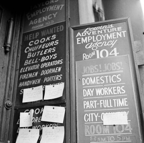 newyorkthegoldenage:Signs outside an employment agency in Harlem, 1949.Photo: John Vachon for Look m