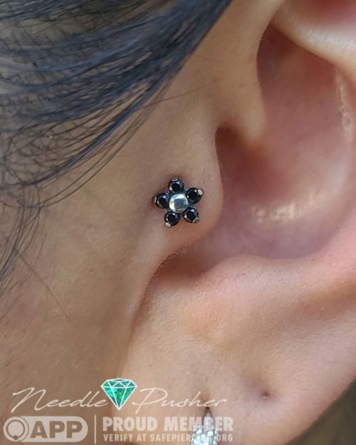 Super adorable tragus piercing from last week! Using a black cz and implant grade titanium flower fr