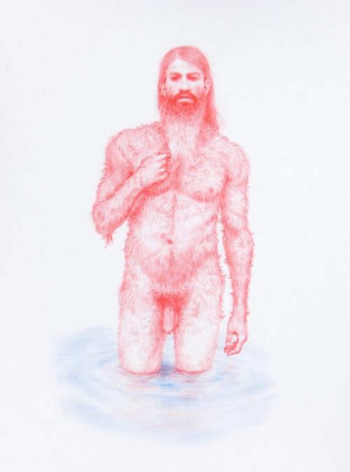 Zachari Logan (Canadian, b. 1980), Bathing Wildman, 2020. Red and blue pencil on mylar, 5 x 8 in.