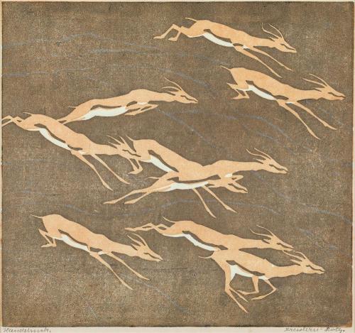  Escape by Norbertine von Bresslern-Roth (Austrian, 1891-1978), 1923, colour linocut print, 20.8 x