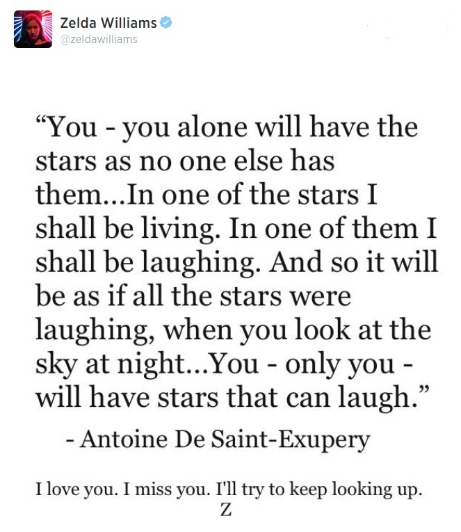 stopandimaginelove:  Tweeted by Robin’s 25 year old daughter, Zelda  Aug. 11, 2014