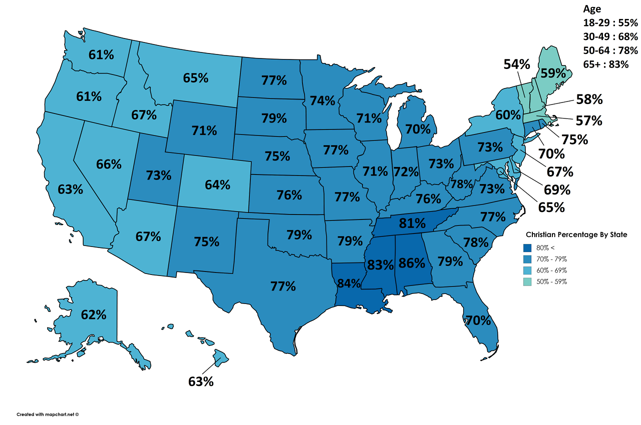 Christian Population By US State. Maps on the Web