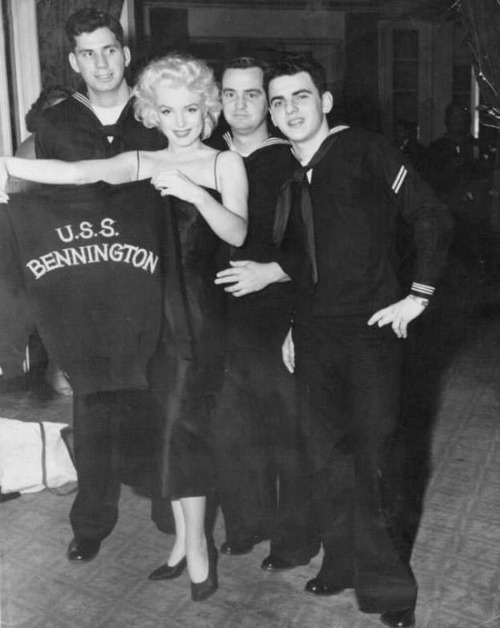 theniftyfifties: Marilyn Monroe at a USS Bennington party at the Astor Hotel, Times Square, New York