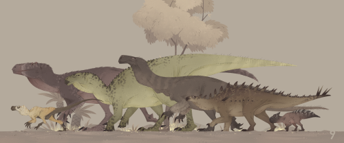 A random selection of dinosaurs I felt like drawing, Gnathovorax, Murusraptor, Mantellisaurus, Aardo