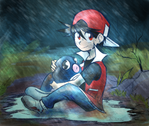 dumbass-soup:  Here’s a tiny Red too! We saw one panel of tiny Red playing with his Poliwag and I fell in love because lil’ kiddie Red is just too precious! I had to draw him… -soup 