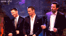 sherlocksmoustache:  thefilmfatale:  James McAvoy, Michael Fassbender and Hugh Jackman - mutant and proud, and unafraid to show off their dance moves (x)  was looking for this gif 