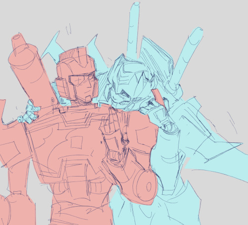 sketch of brainstorm leaning over perceptors shoulder with a goofy smitten expression, hands gripping onto perceptor's shoulder armour. perceptor looks at him with an equally smitten expression in perceptor standards