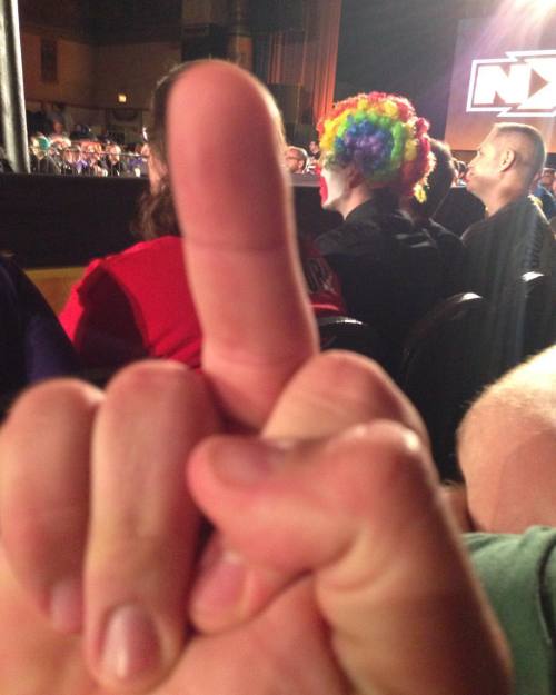 Sitting behind Frank The Clown at #NXTIndy. I told him he blocked me on Twitter &amp; that he ca