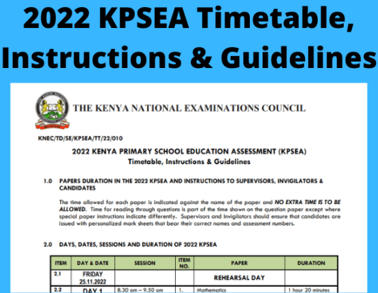 2022 KPSEA Timetable, Instructions & Guidelines