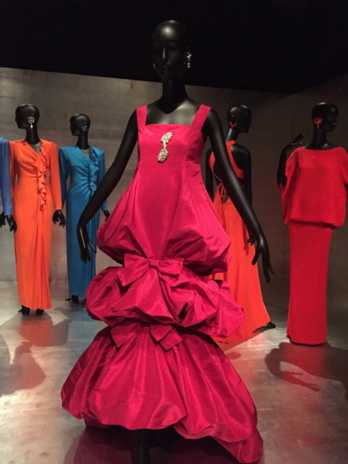 Dresses worn by French style and fashion icon Jacqueline de Ribes are displayed at the Costume Insti