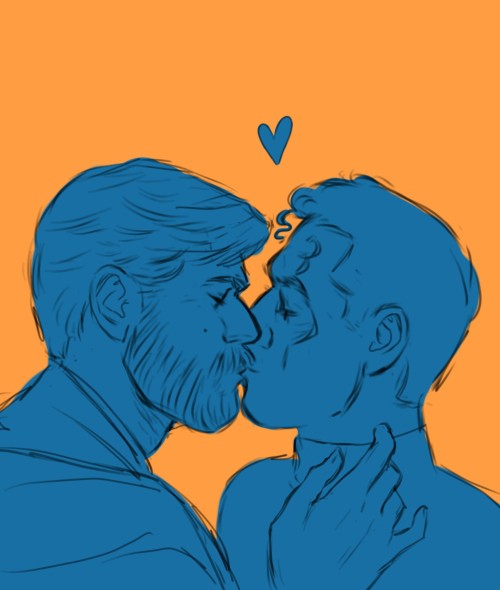 a sketch of Obi-Wan and Cody kissing. the background is a flat orangey golden color while codywan is colored in with a flat blue. there is a little heart above them.