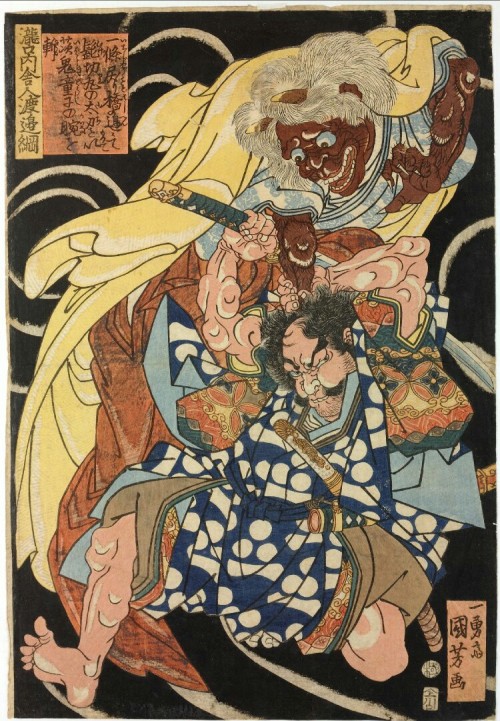 Watanabe Genji Tsuna Grasping the Arm of the Demon of the Rashomon Gate by Utagawa Kuniyoshi (1820-3