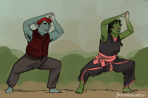 a-green-bean: [ID: Digital artwork of two orcs, Eliwar and Kritika, doing a yoga pose. Eliwar is a f