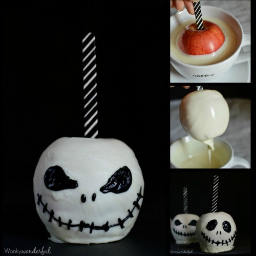 DIY Jack Skellington White Chocolate Dipped ApplesFor More Jack Skellington and Nightmare Before Chr