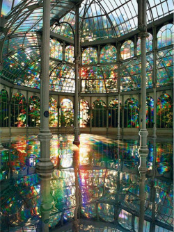 from89:  Artist Kimsooja composed a mirror woman specifically for the space configuration of the Palacio de Cristal in Madrid. The artist incorporates the architectural structure of the building into the mirrors on the floor, to expand and unite space.