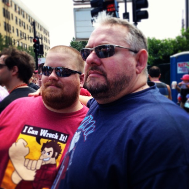kindabear:  fuzzbear:  The hubby and I at his first pride parade.  Great couple and