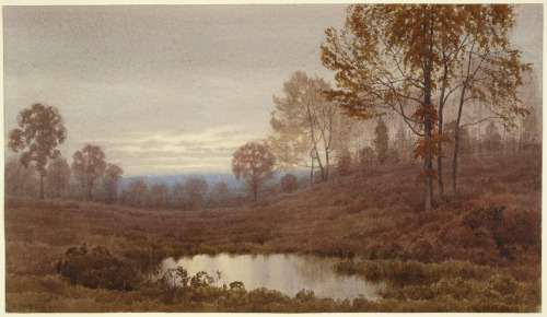 Henry Farrer (American, born England; 1843–1903)Sunset Landscape with Pond Watercolor and blac