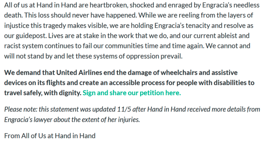 a screenshot from one of the articles, where Hand In Hand demand justice and change in the system of racism and ableism, and for people to sign their petition.