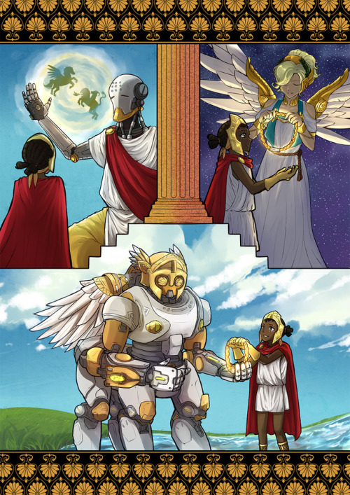  my piece for @storywatchzine! I drew Efi and Orisa as Bellerophon and Pegasus! (ft. Zenyatta and Me