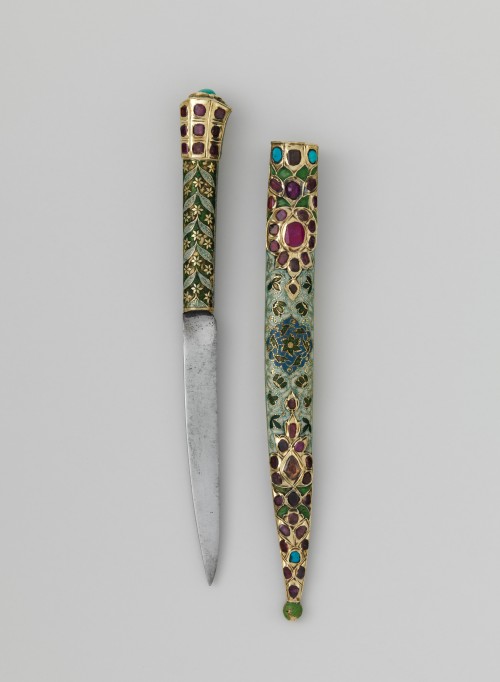 brassmanticore:Silver knife and enamelled sheath set with rubies, India, 18th century (Met).