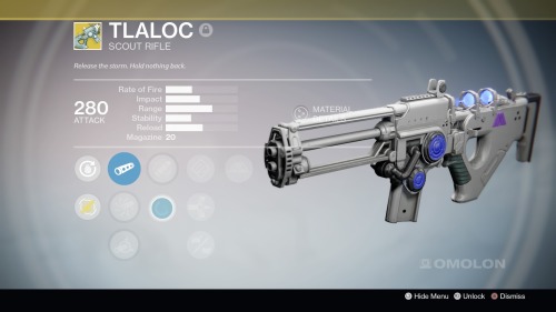 thegunsofdestiny: TLALOCScout RifleA Warlock specific exotic Scout Rifle which drops as a gunsmith q