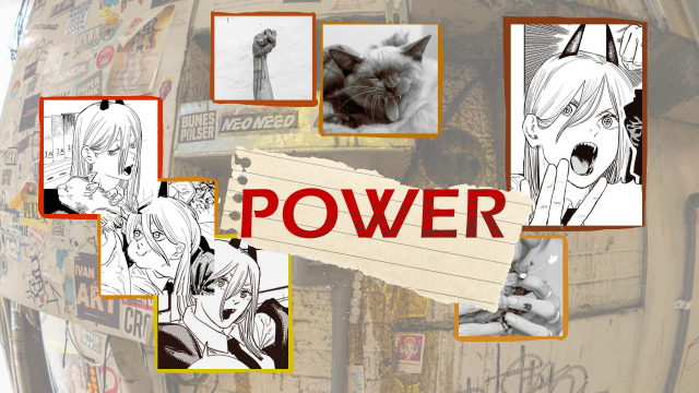 a wallpaper depicting the chainsaw man character Power. a girl with pointy upward horns and long hair. from left to right; 3 diagnol panels of power, one her talking while stroking a cat on her shoulder, one with her looking off while eating, and one with her looking ahead while talking. an image of a bloody upward fist, and a yawning cat. "power" spelled out in bloody letters on top of a ripped out piece of paper. and a panel of her angrily looking forward. these images are on top of a photo of an alley covered in grafiti