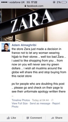 6shwty:  pumpkinmcqueen:  himteckerjam:  iloveurdimpless:  f-ig:  Fuck Zara  fuck zara  All POC need to make damned sure this Anti Islam backlash blows up in white people’s faces. Hard.  Note to self  First H&amp;M with the bull shit, now this. Who