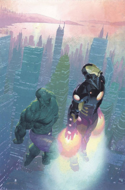 adventurecomics:  brianmichaelbendis:  Hulk &amp; Iron Man - by Esad Ribic  I could be content just with those Ribic background buildings forever.