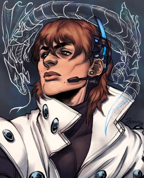 a portrait of kaiba from yu-gi-oh looking sternly off to the left. a heraldic white dragon is curled around his head.