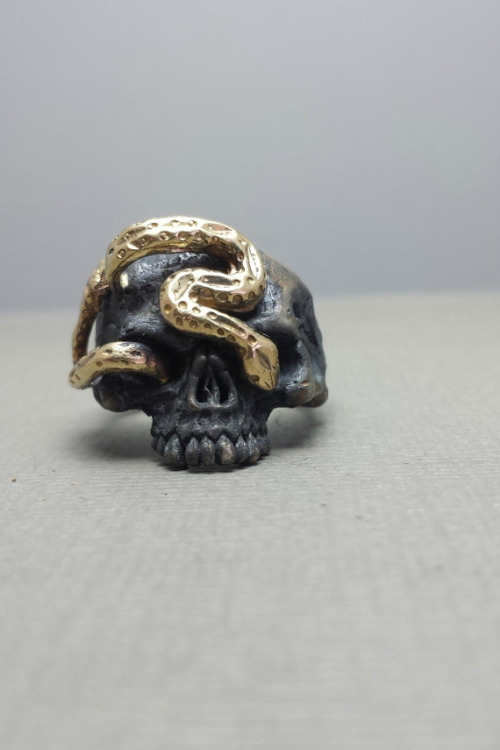 lesstalkmoreillustration:Handmade Sterling Silver And Solid 14K Yellow Gold Snake Skull Ring By Gran