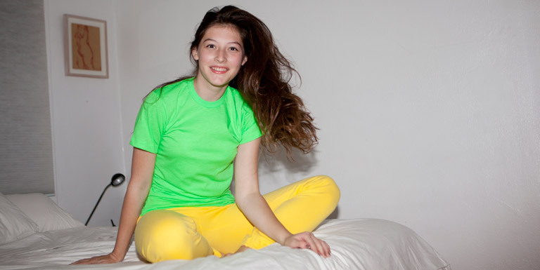 americanapparel:  Alexandra, lounging in a Poly-Cotton Short Sleeve Crew Neck. Fall