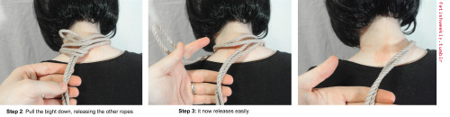 fetishweekly:  Shibari Tutorial: Consequence Collar & Cuff A guide for the tie from last week’s photo set.I’ve included how to undo the collar quickly (the last six pictures). ♥ Always practice cautious kink! Have your sheers ready in case of