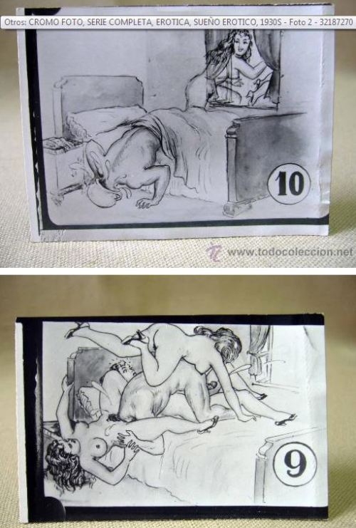 1930′s erotic comic cards, issued in Spain. Images 9 & 10 of a set of 10. You get the gist if no