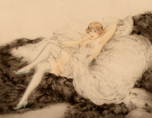 kafkasapartment:Sur le divan, 1925. Louis Justin Laurent Icart. Etching in colors on paper