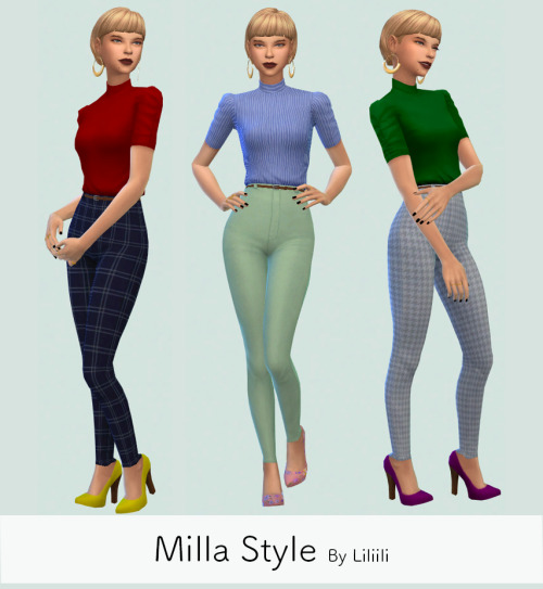 liliili-sims: Milla StyleMilla Hair - 18 Swatches ( EA color ) / Hat CompatibleHigh Neck Top - 25 Sw