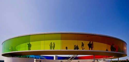 red-lipstick:  Olafur Eliasson (Danish-Icelandic) - Your Rainbow Panorama is a permanent installation on the rooftop of the ARoS Museum in Aarhus, Denmark completed in 2011.