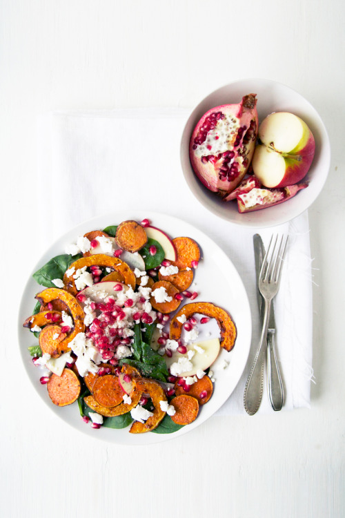 Autumn salad with sweet potato, pumpkin, and goat cheese