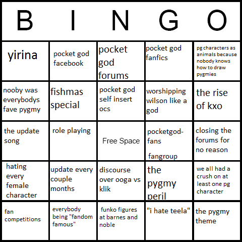 Pocket God Fandom Nostalgia Bingo