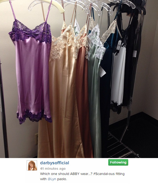 Darby Stanchfield Episode 308&#160;Abby Whelan Fitting 10.11.13    Which one should ABBY wear&#8230;? #Scandal-ous fitting with @Lyn paolo.  http://instagram.com/p/fV5DHjB83L/    Sexy Dabby time? Sexy Abby time? Loving the new fiercer Abby! 