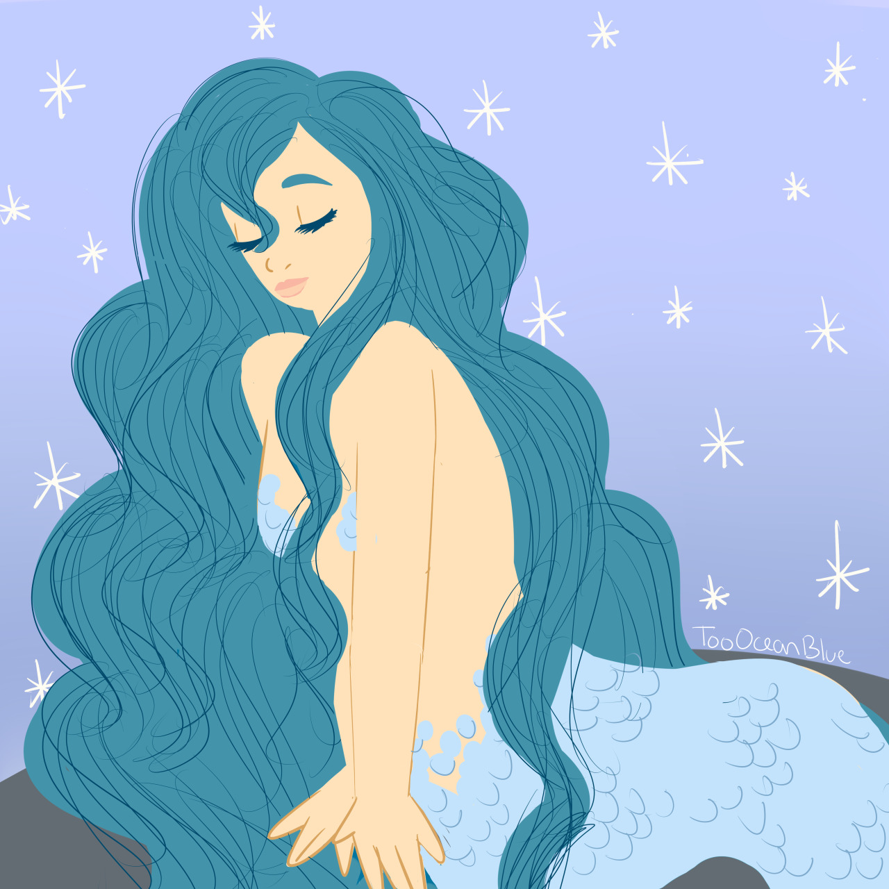 [ID: Several digital illustrations of a blue-haired mermaid, drawn between 2016 and 2022, highlighting the artists improvement over that time. The first two, from 2016 and 2017, are partially lineless, with heavy lineart on the hair. The first features no shading and the second features cell shading. A stylized starry sky decorates the backgrounds of both. The third drawing, from early 2018, is drawn with thin, sketchy blue lineart and features a desaturated, more realistic night sky. The fourth drawing, from late 2018, is partially lineless and more saturated. The shading is light and smoothly blended. Rather than a night sky, the backdrop is a light sky with two celestial bodies, presumably a sun and a moon. The artist has begun to illustrate some detail in the water. The final drawing is from 2022. It is partially lineless and features slightly textured shading. The night sky is slightly more realistic, and features two moons. End ID.]Improvement on one of the first digital drawings I ever did when I first got my tablet :) #mermaids#art#improvement#oceanarts