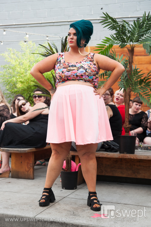 chubbycartwheels:  chubbycartwheels:  “The final line to present was Chubby Cartwheels, who served some serious kitschy-chic style. The collection was full of crop tops, leather/pleather skirts, and campy food based prints, such as french fries and