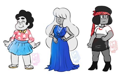 juniperarts:  Fashionable Small Gems.  Sadie’s Song inspired me to draw Steven in some dresses and this was the result.  Momma Gems VersionFusion Gems VersionHomeworld Gems Version 