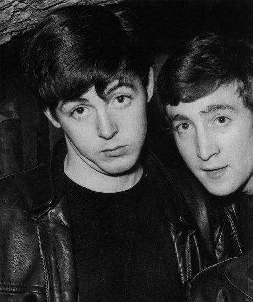 Rockin’ in the leathers… Paul and John at the Cavern Club, 1961.