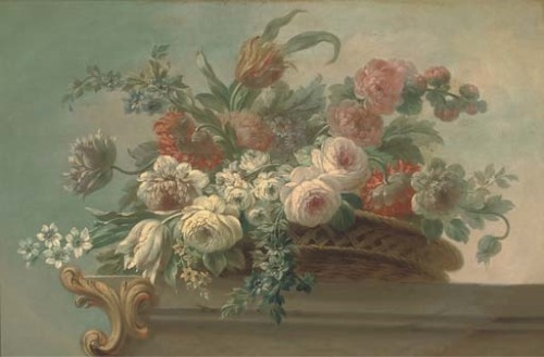 Jakob Bogdany (1660 - 1724)Summer flowers, including tulips, poppies and peonies, in a wicker basket