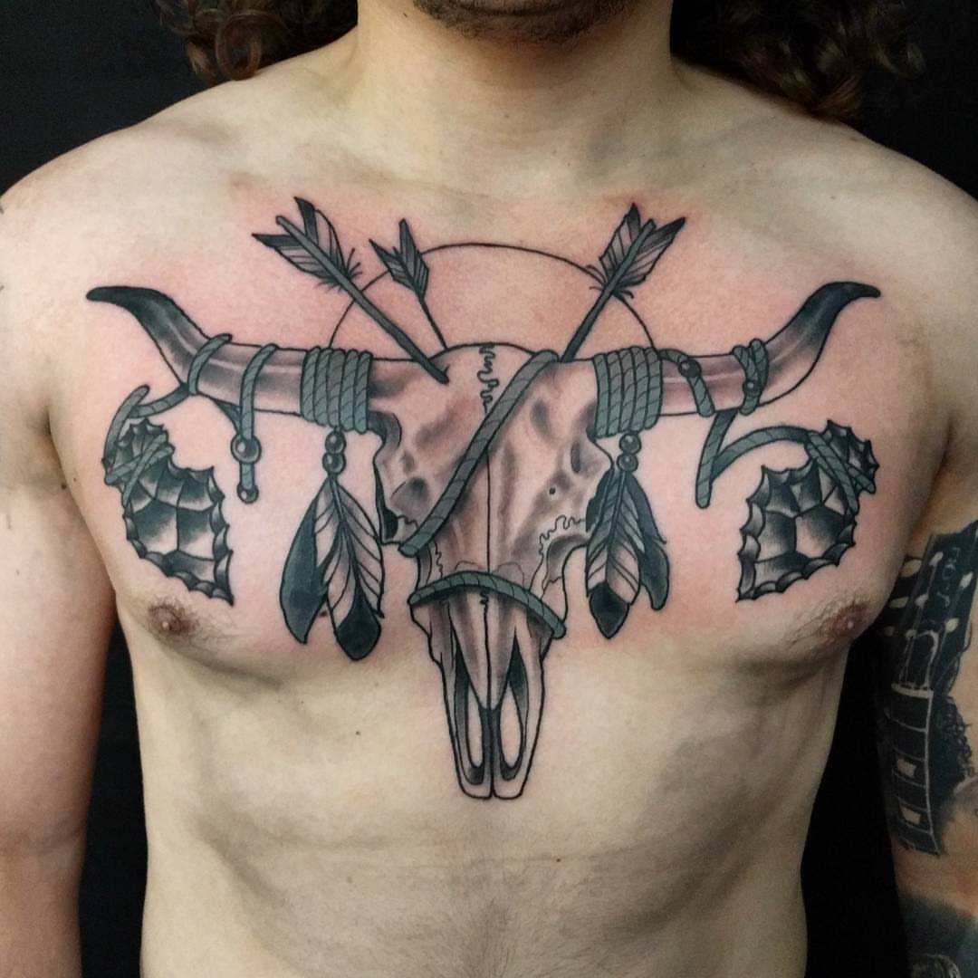 Tattoo uploaded by Dennis Sisson  Black and grey longhorn skull on the  chest  Tattoodo