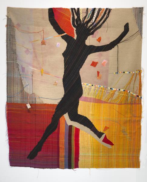 neshamama:emma amos, “winning,” 1982, acrylic on linen with hand-woven fabric