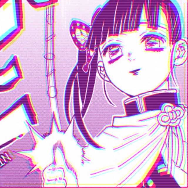 an icon of kanao from demon slayer manga. it has a purple filter. she is flipping a coin in the air.